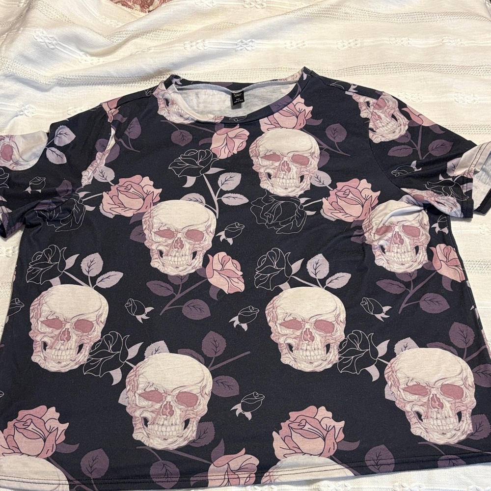 SHEIN Black and Pink Skull Rose Top